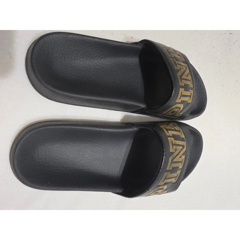 Victoria's Secret PINK Black and Gold Metallic Logo‎ Slide Sandals Womens